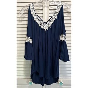 G Collection Crochet Cold Shoulder Top Flutter Sleeve Navy Size S Boho Tie